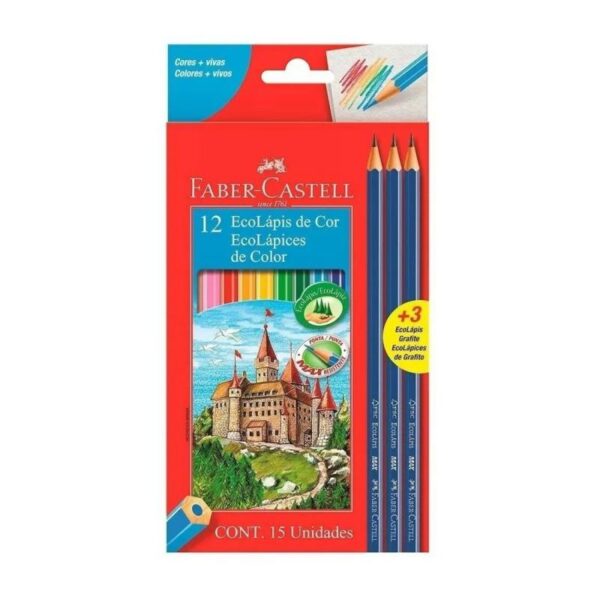 LAPICES DE COLORES X 12 LARGOS FABER CASTELL ECO + 3 LAPICES GRAFITO NEGROS